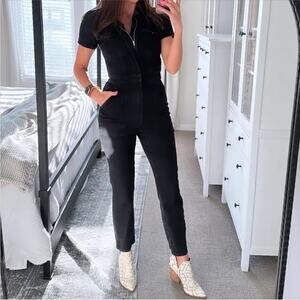 NEW GOOD AMERICAN Black Denim Jean Short Sleeve Straight Leg $218 Jumpsuit L